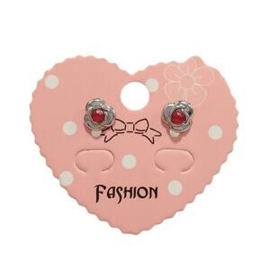 Flower Dainty Stud Earrings Red Rhinestone Birthstone Silver Plated Jewelry